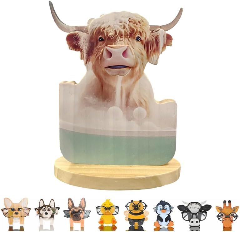 HyeeArt Wooden Animal Glasses Holder , Newsukie - Cute Solid Pine Wood Eyeglasses Stand,Carving Sunglasses Eyeglass Display Stand,Newsukie Creative Gift Glasses Holder for Desk (Flowers Highland Cow) (Bathroom Highland Cow) - Image 1